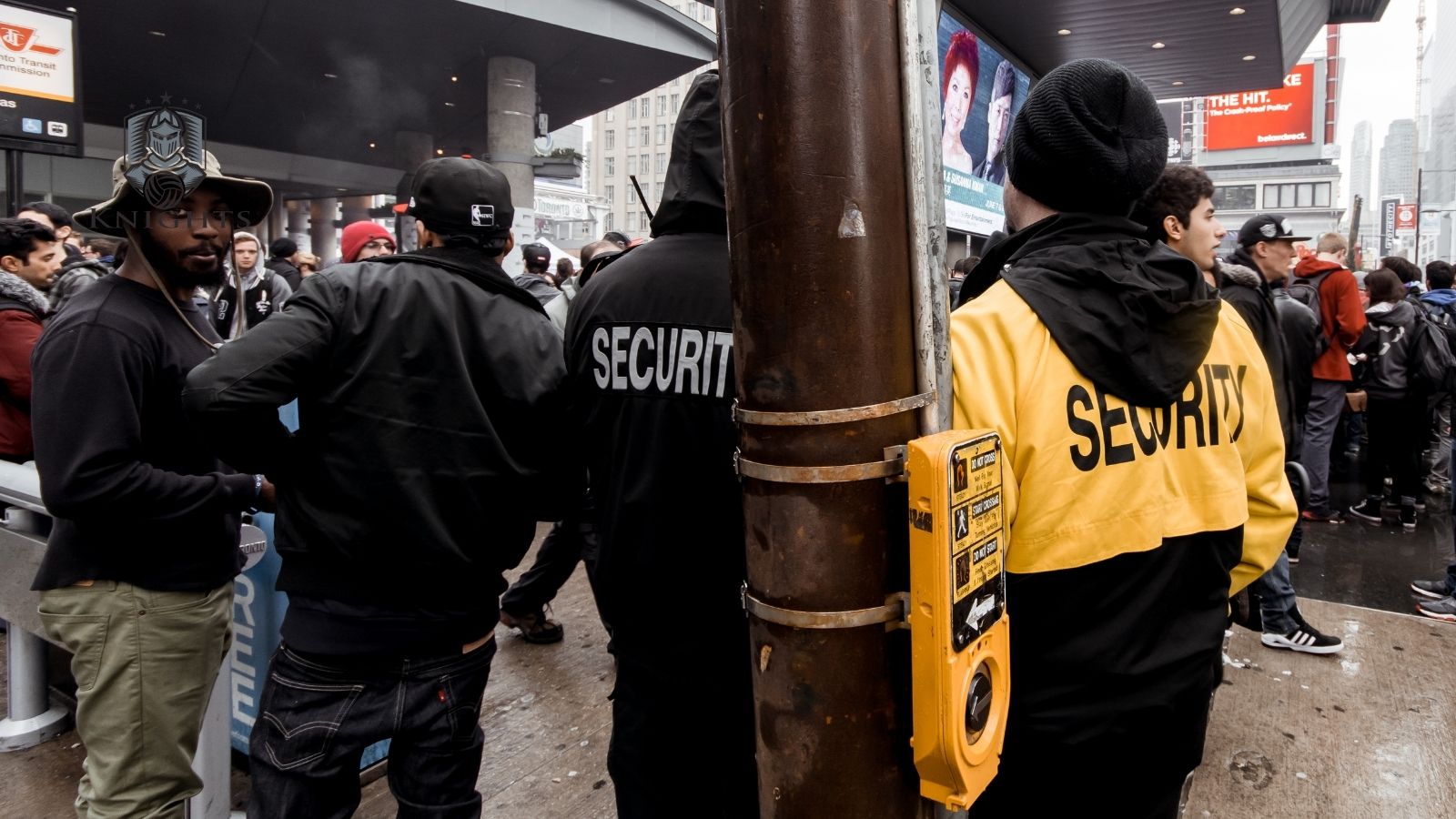 Manned guarding officer on duty outside a building
